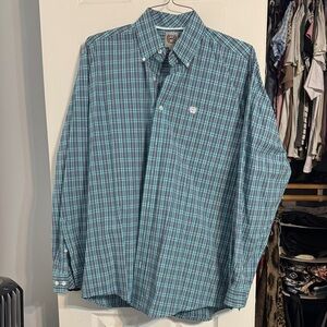 Cinch Turquoise and Navy Plaid Button Down Shirt